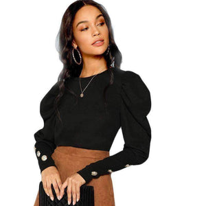 Planet Gates Black / XS Black Elegant Office Lady Puff Sleeve With Button Detail Long Sleeve Solid Tee 2018 Autumn Workwear Women Tops And T shirt