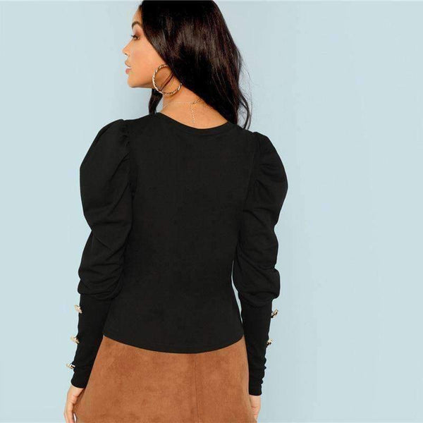 Planet Gates Black / XS Black Elegant Office Lady Puff Sleeve With Button Detail Long Sleeve Solid Tee 2018 Autumn Workwear Women Tops And T shirt