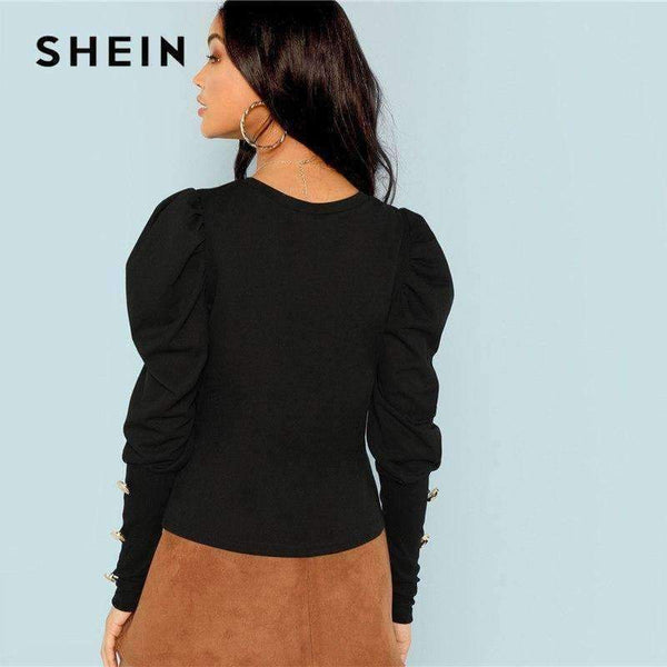 Planet Gates Black / XS Black Elegant Office Lady Puff Sleeve With Button Detail Long Sleeve Solid Tee 2018 Autumn Workwear Women Tops And T shirt