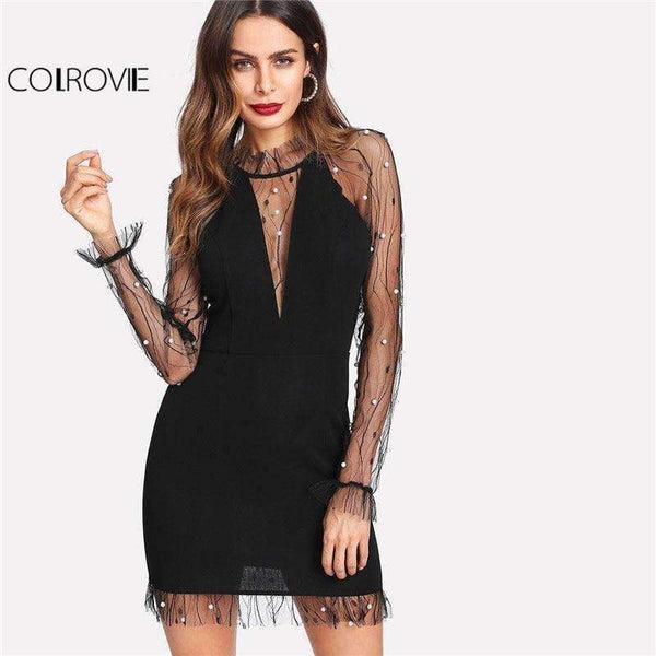 Planet Gates Black / XS Black Pearl Beading Vine Mesh Panel Dress Women Ruffle Round Neck Long Sleeve Sexy Dress 2018 Party Bodycon Dress