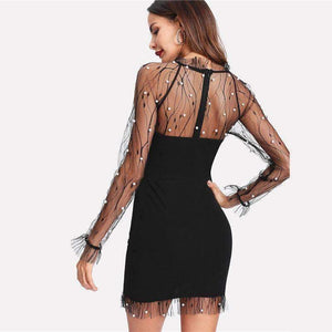 Planet Gates Black / XS Black Pearl Beading Vine Mesh Panel Dress Women Ruffle Round Neck Long Sleeve Sexy Dress 2018 Party Bodycon Dress