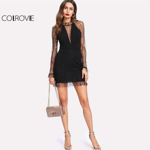 Planet Gates Black / XS Black Pearl Beading Vine Mesh Panel Dress Women Ruffle Round Neck Long Sleeve Sexy Dress 2018 Party Bodycon Dress