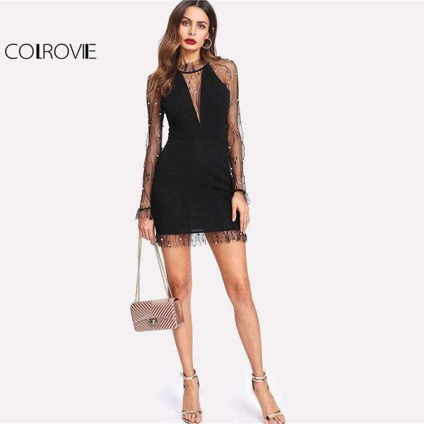 Planet Gates Black / XS Black Pearl Beading Vine Mesh Panel Dress Women Ruffle Round Neck Long Sleeve Sexy Dress 2018 Party Bodycon Dress