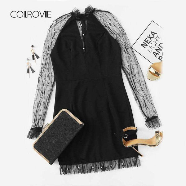 Planet Gates Black / XS Black Pearl Beading Vine Mesh Panel Dress Women Ruffle Round Neck Long Sleeve Sexy Dress 2018 Party Bodycon Dress