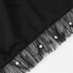 Planet Gates Black / XS Black Pearl Beading Vine Mesh Panel Dress Women Ruffle Round Neck Long Sleeve Sexy Dress 2018 Party Bodycon Dress