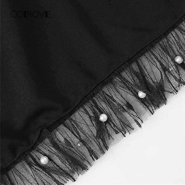 Planet Gates Black / XS Black Pearl Beading Vine Mesh Panel Dress Women Ruffle Round Neck Long Sleeve Sexy Dress 2018 Party Bodycon Dress