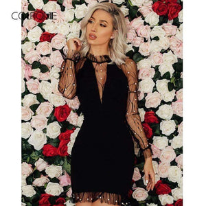 Planet Gates Black / XS Black Pearl Beading Vine Mesh Panel Dress Women Ruffle Round Neck Long Sleeve Sexy Dress 2018 Party Bodycon Dress