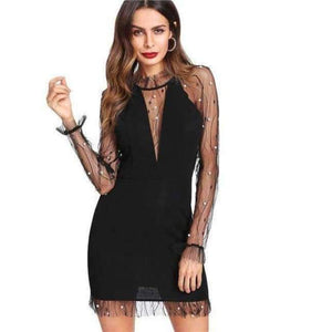 Planet Gates Black / XS Black Pearl Beading Vine Mesh Panel Dress Women Ruffle Round Neck Long Sleeve Sexy Dress 2018 Party Bodycon Dress