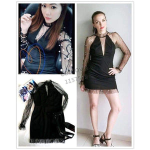 Planet Gates Black / XS Black Pearl Beading Vine Mesh Panel Dress Women Ruffle Round Neck Long Sleeve Sexy Dress 2018 Party Bodycon Dress