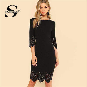 Black Pencil Dress Women Half Sleeve Zip Back Hollow Out Bodycon Midi Dress 2018 Ladies Elegant Party Dress