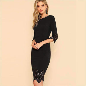 Planet Gates Black / XS Black Pencil Dress Women Half Sleeve Zip Back Hollow Out Bodycon Midi Dress 2018 Ladies Elegant Party Dress