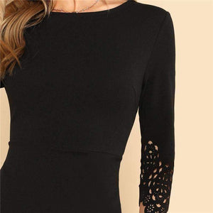 Planet Gates Black / XS Black Pencil Dress Women Half Sleeve Zip Back Hollow Out Bodycon Midi Dress 2018 Ladies Elegant Party Dress