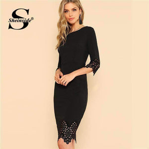 Planet Gates Black / XS Black Pencil Dress Women Half Sleeve Zip Back Hollow Out Bodycon Midi Dress 2018 Ladies Elegant Party Dress