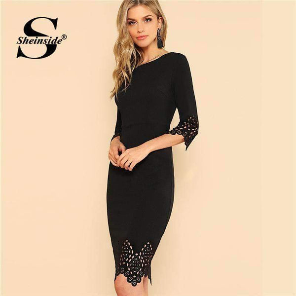 Planet Gates Black / XS Black Pencil Dress Women Half Sleeve Zip Back Hollow Out Bodycon Midi Dress 2018 Ladies Elegant Party Dress