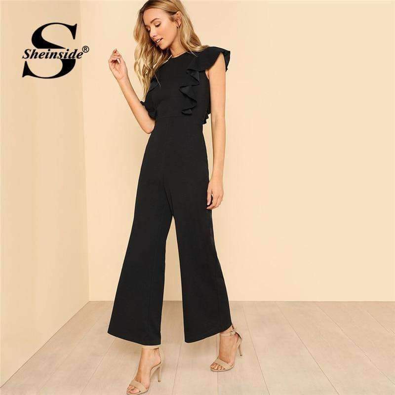 Planet Gates Black / XS Black Ruffle Jumpsuit Women Round Neck Sleeveless Summer Jumpsuit 2018 Office Work Wear Elegant Wide Leg Jumpsuit