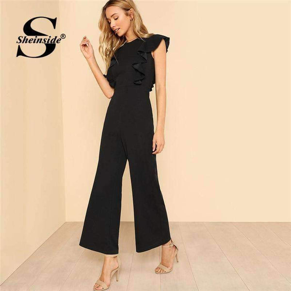 Planet Gates Black / XS Black Ruffle Jumpsuit Women Round Neck Sleeveless Summer Jumpsuit 2018 Office Work Wear Elegant Wide Leg Jumpsuit