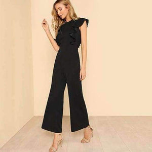 Planet Gates Black / XS Black Ruffle Jumpsuit Women Round Neck Sleeveless Summer Jumpsuit 2018 Office Work Wear Elegant Wide Leg Jumpsuit