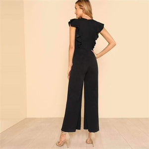 Planet Gates Black / XS Black Ruffle Jumpsuit Women Round Neck Sleeveless Summer Jumpsuit 2018 Office Work Wear Elegant Wide Leg Jumpsuit