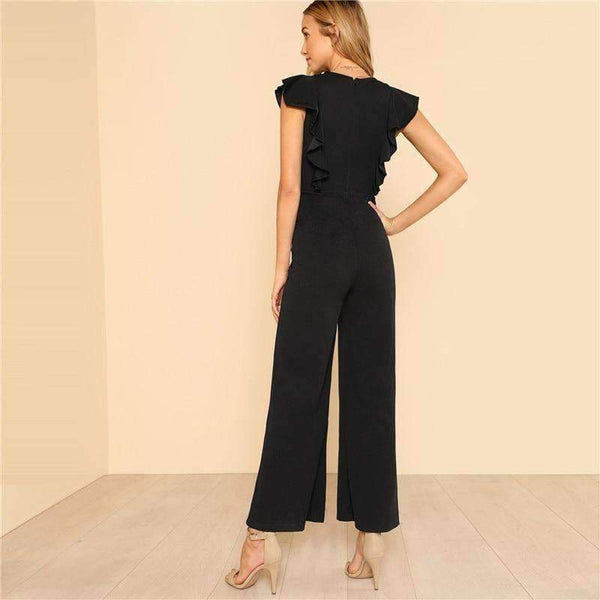 Planet Gates Black / XS Black Ruffle Jumpsuit Women Round Neck Sleeveless Summer Jumpsuit 2018 Office Work Wear Elegant Wide Leg Jumpsuit