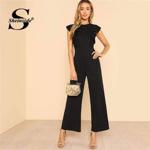 Planet Gates Black / XS Black Ruffle Jumpsuit Women Round Neck Sleeveless Summer Jumpsuit 2018 Office Work Wear Elegant Wide Leg Jumpsuit