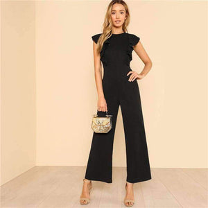 Planet Gates Black / XS Black Ruffle Jumpsuit Women Round Neck Sleeveless Summer Jumpsuit 2018 Office Work Wear Elegant Wide Leg Jumpsuit