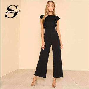 Planet Gates Black / XS Black Ruffle Jumpsuit Women Round Neck Sleeveless Summer Jumpsuit 2018 Office Work Wear Elegant Wide Leg Jumpsuit
