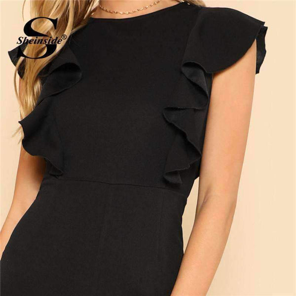 Planet Gates Black / XS Black Ruffle Jumpsuit Women Round Neck Sleeveless Summer Jumpsuit 2018 Office Work Wear Elegant Wide Leg Jumpsuit