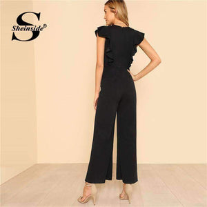Planet Gates Black / XS Black Ruffle Jumpsuit Women Round Neck Sleeveless Summer Jumpsuit 2018 Office Work Wear Elegant Wide Leg Jumpsuit