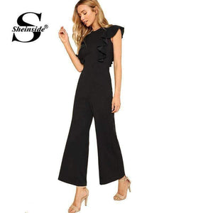 Planet Gates Black / XS Black Ruffle Jumpsuit Women Round Neck Sleeveless Summer Jumpsuit 2018 Office Work Wear Elegant Wide Leg Jumpsuit