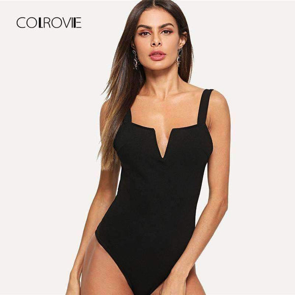 Planet Gates Black / XS Black V Cut Front Form Fitting Strap Sexy Skinny Bodysuit 2018 Summer V Neck Sleeveless Elegant Women Bodysuits