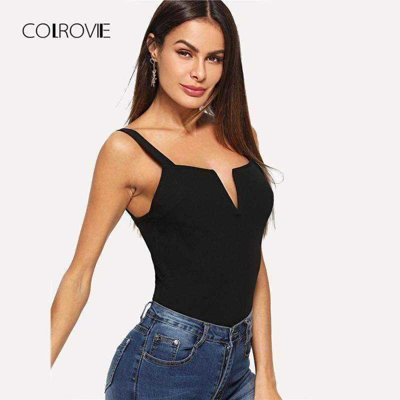Planet Gates Black / XS Black V Cut Front Form Fitting Strap Sexy Skinny Bodysuit 2018 Summer V Neck Sleeveless Elegant Women Bodysuits