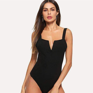 Planet Gates Black / XS Black V Cut Front Form Fitting Strap Sexy Skinny Bodysuit 2018 Summer V Neck Sleeveless Elegant Women Bodysuits