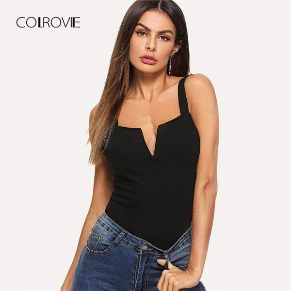 Planet Gates Black / XS Black V Cut Front Form Fitting Strap Sexy Skinny Bodysuit 2018 Summer V Neck Sleeveless Elegant Women Bodysuits