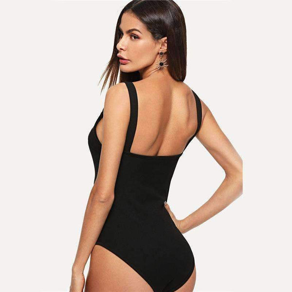Planet Gates Black / XS Black V Cut Front Form Fitting Strap Sexy Skinny Bodysuit 2018 Summer V Neck Sleeveless Elegant Women Bodysuits