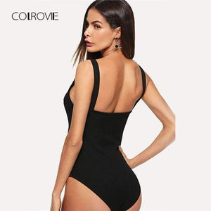 Planet Gates Black / XS Black V Cut Front Form Fitting Strap Sexy Skinny Bodysuit 2018 Summer V Neck Sleeveless Elegant Women Bodysuits