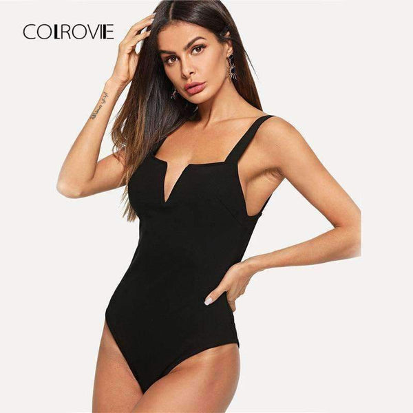 Planet Gates Black / XS Black V Cut Front Form Fitting Strap Sexy Skinny Bodysuit 2018 Summer V Neck Sleeveless Elegant Women Bodysuits