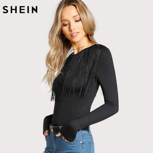Planet Gates Black / XS Fringe Detail Solid T-shirt Black Long Sleeve T shirt Women Crew Neck Autumn Womens Tops Elegant Ladies Tops