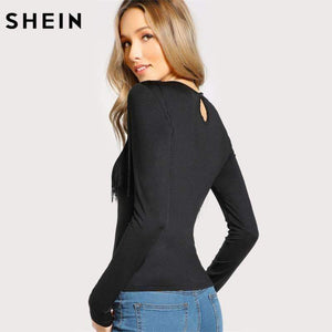 Planet Gates Black / XS Fringe Detail Solid T-shirt Black Long Sleeve T shirt Women Crew Neck Autumn Womens Tops Elegant Ladies Tops