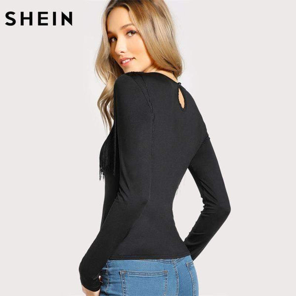 Planet Gates Black / XS Fringe Detail Solid T-shirt Black Long Sleeve T shirt Women Crew Neck Autumn Womens Tops Elegant Ladies Tops