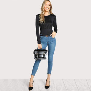 Planet Gates Black / XS Fringe Detail Solid T-shirt Black Long Sleeve T shirt Women Crew Neck Autumn Womens Tops Elegant Ladies Tops