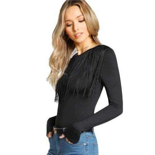 Planet Gates Black / XS Fringe Detail Solid T-shirt Black Long Sleeve T shirt Women Crew Neck Autumn Womens Tops Elegant Ladies Tops