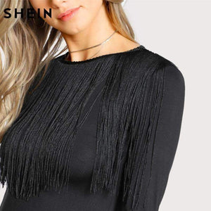 Planet Gates Black / XS Fringe Detail Solid T-shirt Black Long Sleeve T shirt Women Crew Neck Autumn Womens Tops Elegant Ladies Tops
