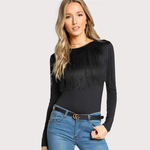 Planet Gates Black / XS Fringe Detail Solid T-shirt Black Long Sleeve T shirt Women Crew Neck Autumn Womens Tops Elegant Ladies Tops