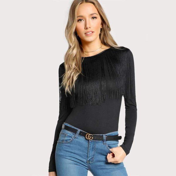 Planet Gates Black / XS Fringe Detail Solid T-shirt Black Long Sleeve T shirt Women Crew Neck Autumn Womens Tops Elegant Ladies Tops