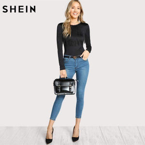 Planet Gates Black / XS Fringe Detail Solid T-shirt Black Long Sleeve T shirt Women Crew Neck Autumn Womens Tops Elegant Ladies Tops