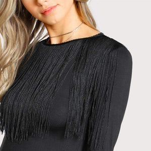 Planet Gates Black / XS Fringe Detail Solid T-shirt Black Long Sleeve T shirt Women Crew Neck Autumn Womens Tops Elegant Ladies Tops