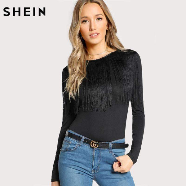 Planet Gates Black / XS Fringe Detail Solid T-shirt Black Long Sleeve T shirt Women Crew Neck Autumn Womens Tops Elegant Ladies Tops