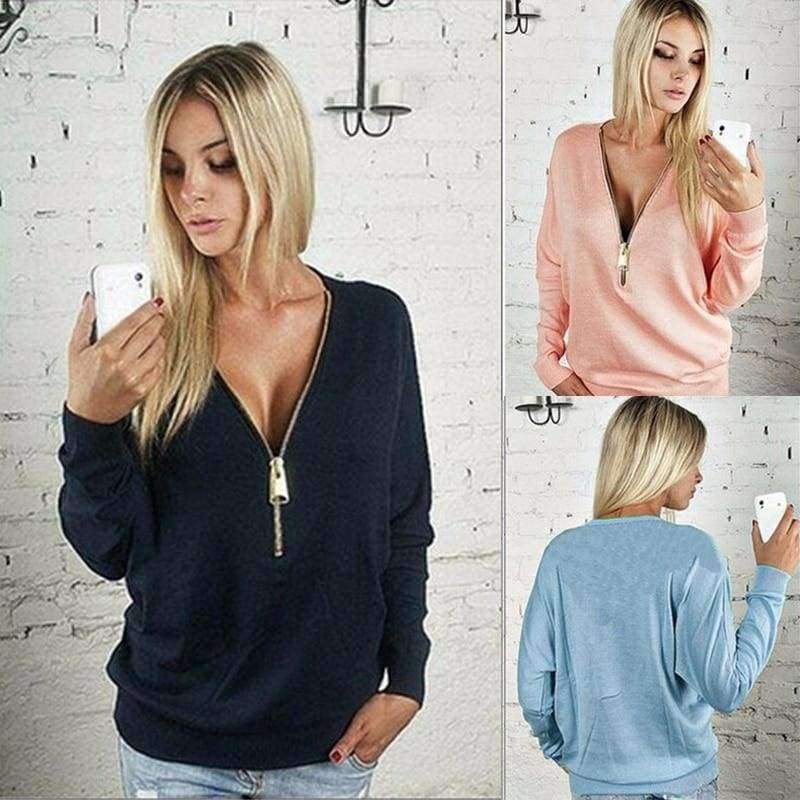 Planet Gates Black / XS NewAutumn Women Dress Sexy Fashion Batwing Sleeve Blouse Deep V Collar Zipper Sweater Long Sleeved T-shirt Dress Plus Size S-5XL