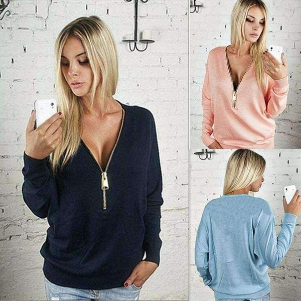 Planet Gates Black / XS NewAutumn Women Dress Sexy Fashion Batwing Sleeve Blouse Deep V Collar Zipper Sweater Long Sleeved T-shirt Dress Plus Size S-5XL