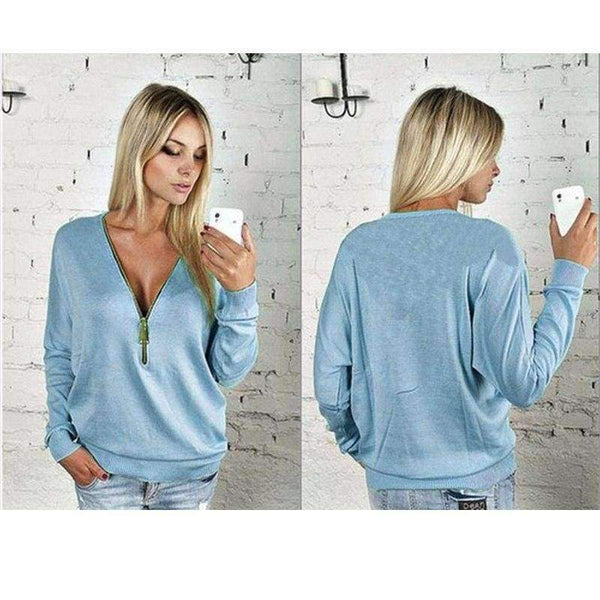 Planet Gates Black / XS NewAutumn Women Dress Sexy Fashion Batwing Sleeve Blouse Deep V Collar Zipper Sweater Long Sleeved T-shirt Dress Plus Size S-5XL